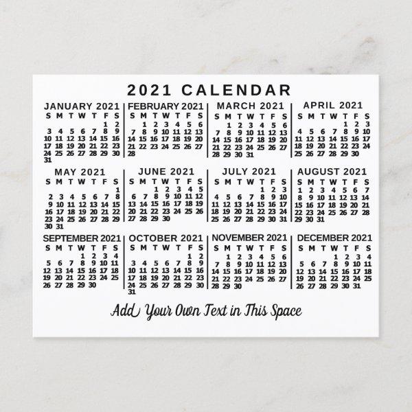 2021 Year Monthly Calendar Classic White and Black Postcard