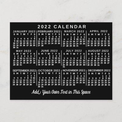 2022 Year Monthly Calendar Classic Black and White Postcard