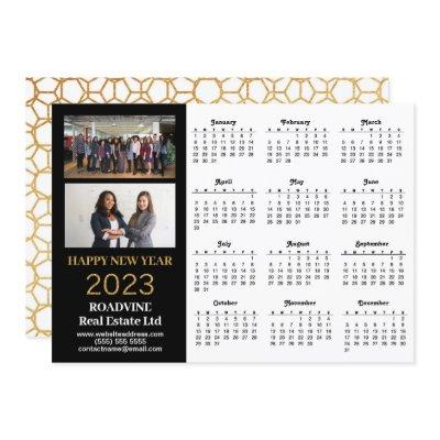 2023 Business 2 Photo Modern Gold Script Calendar Holiday Card
