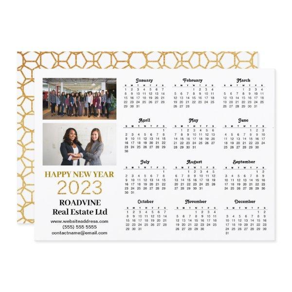 2023 Business Photo Modern Gold Script Calendar Holiday Card