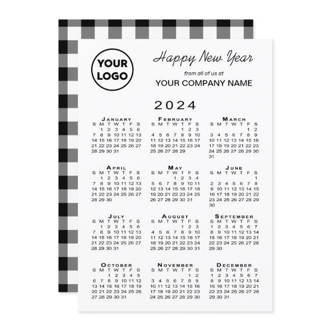 2024 Calendar Business Logo Black White Gingham Holiday Card