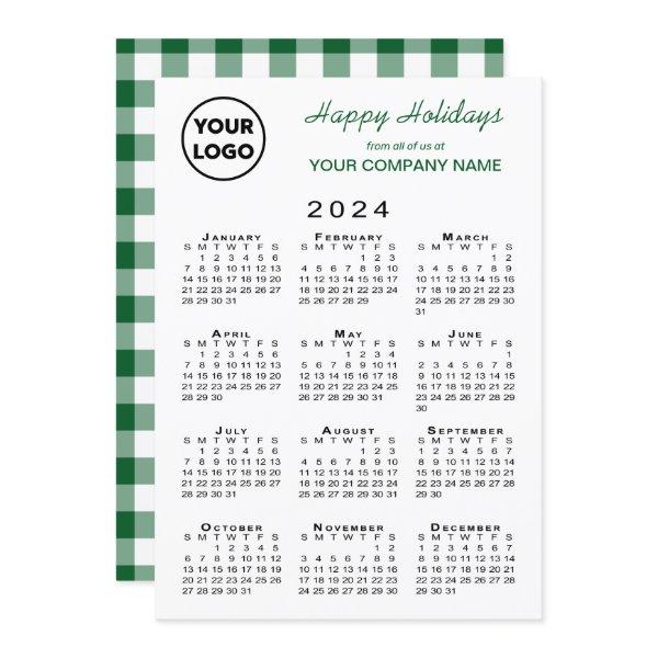 2024 Calendar Business Logo Green White Gingham Holiday Card