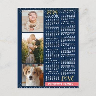 2024 Calendar Navy Coral Gold Family Photo Collage Postcard