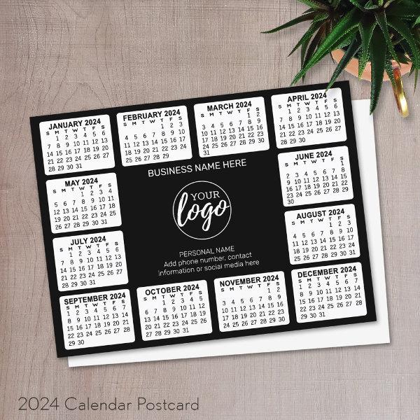 2024 Calendar with logo, Contact Information Black Postcard
