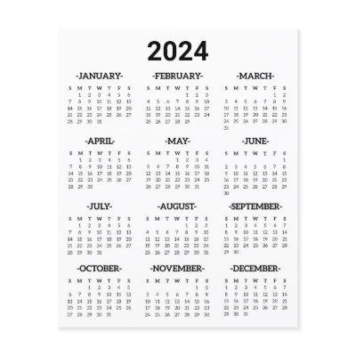 2024 Year At Glance Calendar Paper Sheet