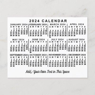 2024 Year Monthly Calendar Classic White and Black Postcard