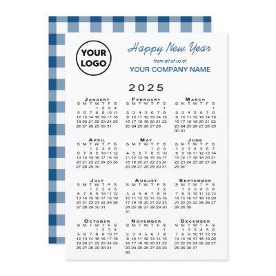 2025 Calendar Business Logo Blue White Gingham Holiday Card