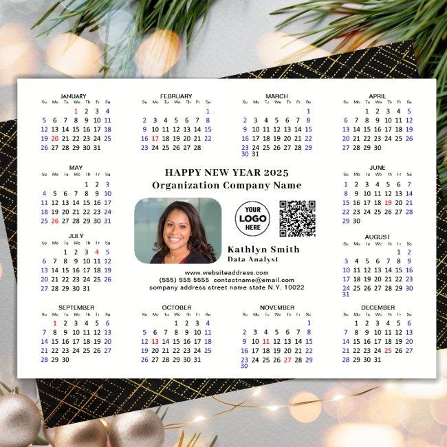 2025 Calendar Business Logo QR Modern Black Simple Holiday Card