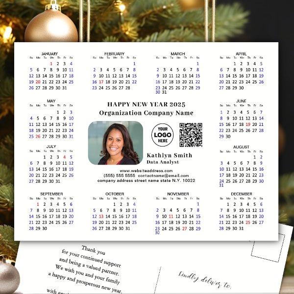 2025 Calendar Business Logo QR Modern Black Simple Holiday Postcard
