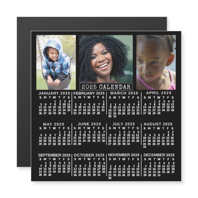 2025 Calendar Year Black | 3 Custom Photo Collage Magnetic Invitation
