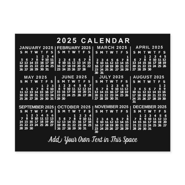 2025 Year Monthly Calendar Classic Black and White Postcard