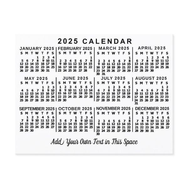 2025 Year Monthly Calendar Classic White and Black Postcard