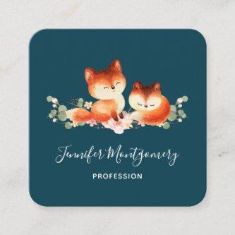 2 Cute Little Red Foxes Watercolor Design Square
