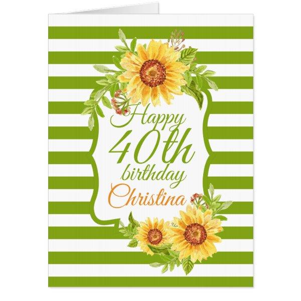 40th Birthday Floral Watercolor Sunflower Green Card