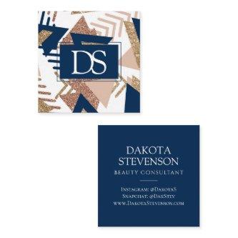 80s Trendy Abstract | Navy and Rose Gold Monogram Calling Card