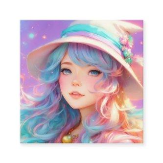 A cartoon girl with a hat and a wand Square
