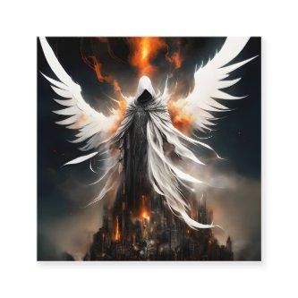 A white bloody angel female towers over a destroye square