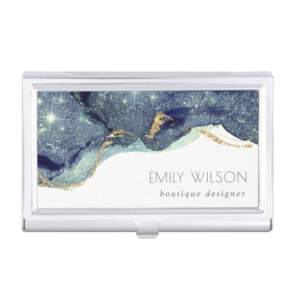 Abstract Alcohol Ink Silver Navy Blue Glitter  Case