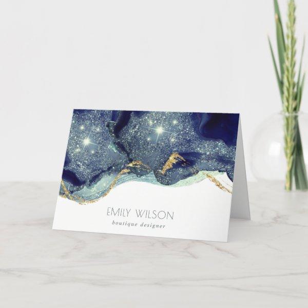 Abstract Alcohol Ink Silver Navy Blue Glitter Thank You Card