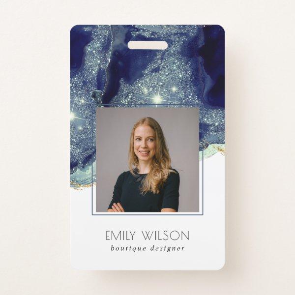 Abstract Alcohol Ink Silver Navy  Glitter Photo Badge