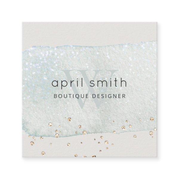 Abstract Aqua Blue Brush Stoke Monogram Glitter Square