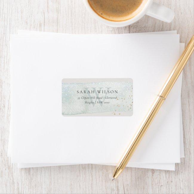 Abstract Aqua Silver Brush Stoke Monogram Address Label