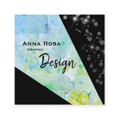 *~* Abstract Black Modern Glitter Geometric Floral Square