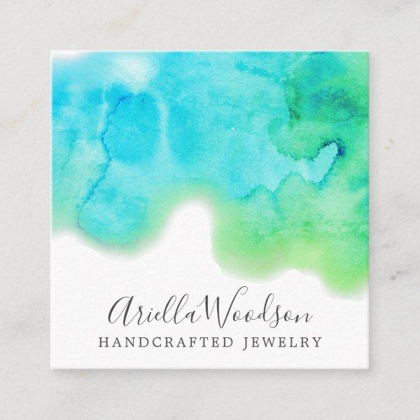 Abstract Blue Green Watercolor Jewelry Designer  Square
