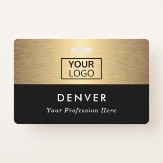 Add logo employee name title black golden gradient badge