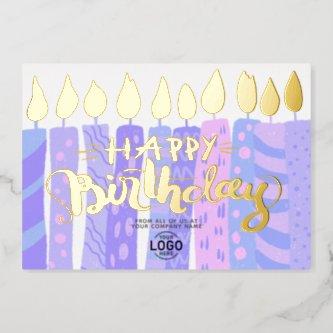Add Logo Fun Purple Candles Corporate Birthday Foil Invitation