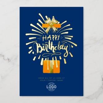 Add Logo Navy Blue Orange Fireworks Group Birthday Foil Invitation