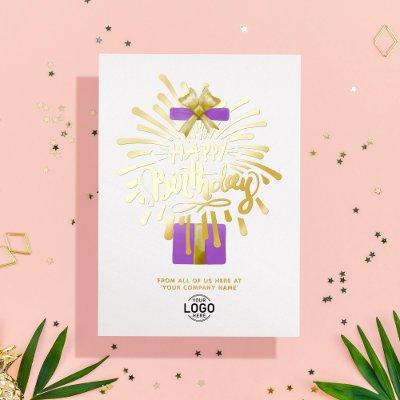 Add Logo Purple Gift Fireworks Business Birthday Foil Invitation