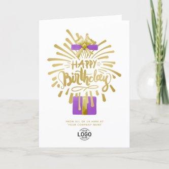Add Logo Purple Gift Gold Fireworks Group Birthday Card