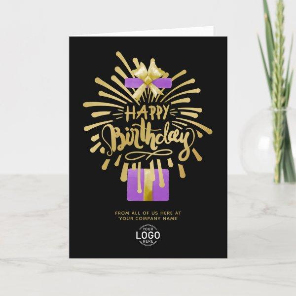 Add Logo Purple Gift Gold Fireworks Group Birthday Card