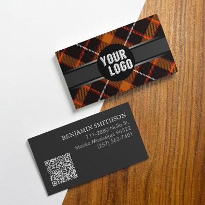Add Logo, QR Code Orange Grey Plaid Modern Branded