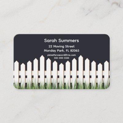Address card with white picket fence and grass