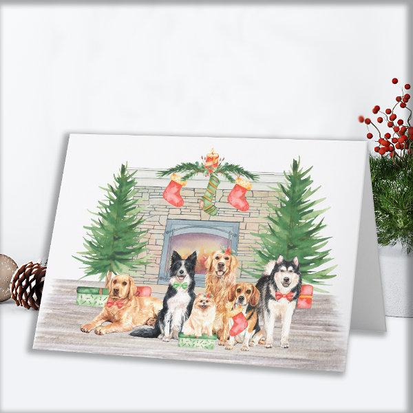 Adorable Dogs Pet Dog Lover Christmas Fireplace Holiday Card