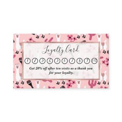 Adorable Pink White Llama Maraca Cactus Floral Loyalty Card