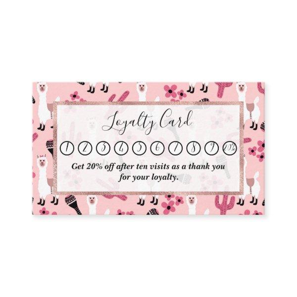 Adorable Pink White Llama Maraca Cactus Floral Loyalty Card