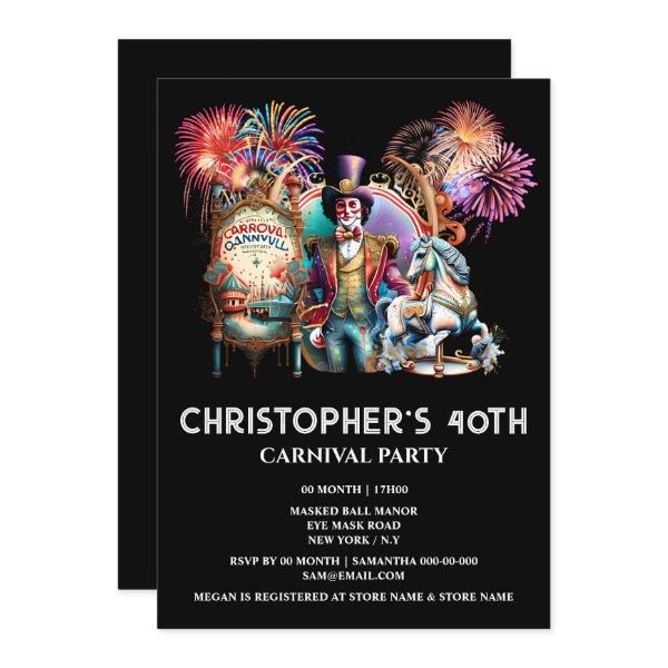 Adults circus carnival theme ringmaster carousel invitation