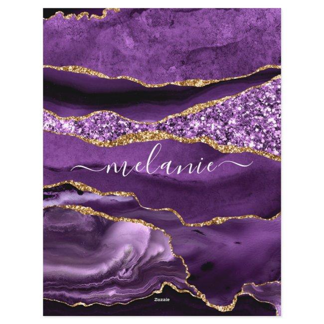Agate Purple Violet Gold Glitter Geode Custom Name Letterhead