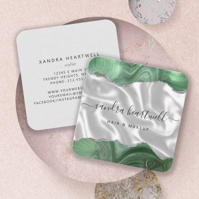 Agate Sage Green Silver Glitter Silk Square
