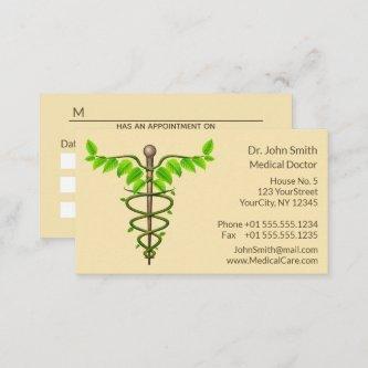 Alternative Medical Caduceus Green Leaves Beige Appointment Card