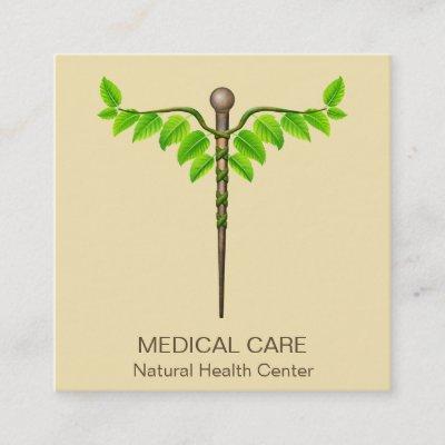 Alternative Medical Caduceus Green Leaves Beige Square