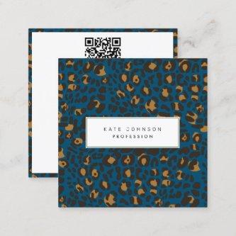 Animal Skin Leopard Print Pattern Blue QR Code  Square