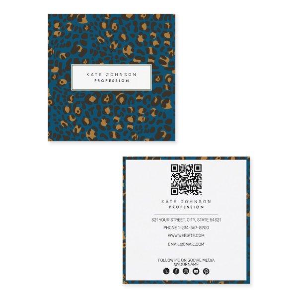 Animal Skin Leopard Print Pattern Blue QR Code  Square