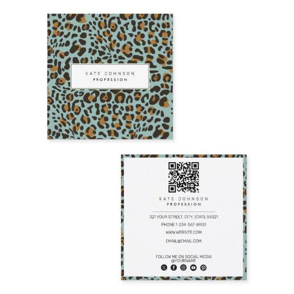 Animal Skin Leopard Print Pattern Sage QR Code  Square