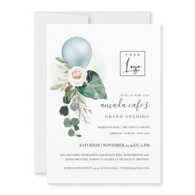 Aqua Blue Balloon Flora Logo Grand Opening Invite