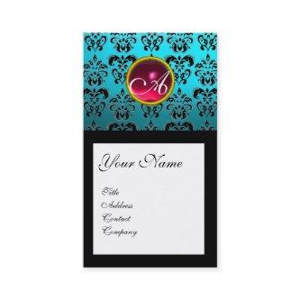 AQUA BLUE BLACK DAMASK SQUARE RUBY GEM MONOGRAM