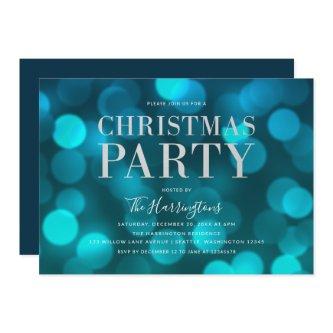 Aqua Blue Bokeh Lights Faux Silver Christmas Party Invitation